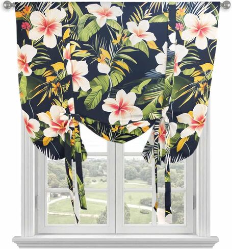 Summer Flowers Tie Up Curtains for Window, Farmhouse Botanical Tropical Plant Leaves Thermal Insulated Balloon Shade Adjustable Rod Pocket Curtains Valance Panels for Kitchen Bathroom Café 42'' x 45'' in Saudi Arabia