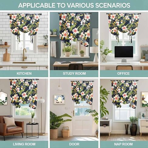 Summer Flowers Tie Up Curtains for Window, Farmhouse Botanical Tropical Plant Leaves Thermal Insulated Balloon Shade Adjustable Rod Pocket Curtains Valance Panels for Kitchen Bathroom Café 42'' x 45'' in Saudi Arabia