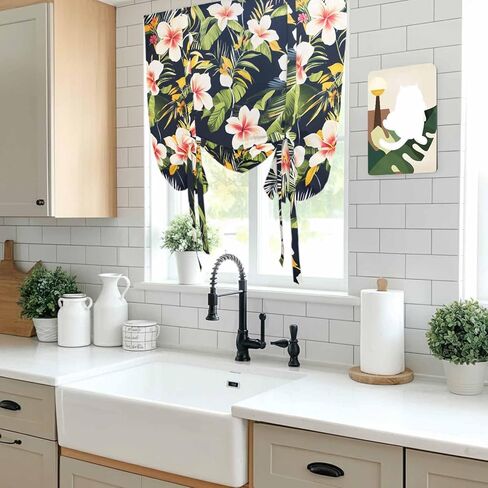 Summer Flowers Tie Up Curtains for Window, Farmhouse Botanical Tropical Plant Leaves Thermal Insulated Balloon Shade Adjustable Rod Pocket Curtains Valance Panels for Kitchen Bathroom Café 42'' x 45'' in Saudi Arabia