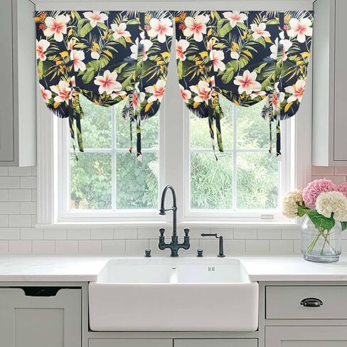 Summer Flowers Tie Up Curtains for Window, Farmhouse Botanical Tropical Plant Leaves Thermal Insulated Balloon Shade Adjustable Rod Pocket Curtains Valance Panels for Kitchen Bathroom Café 42'' x 45'' in Saudi Arabia