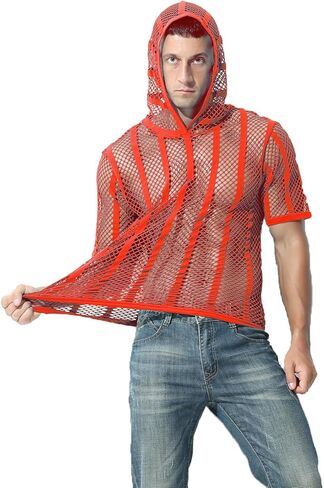 قميص رجالي شبكي شفاف بأكمام قصيرة وغطاء رأس وشبكة سمكة رائعة ومقاس نحيف in Kuwait