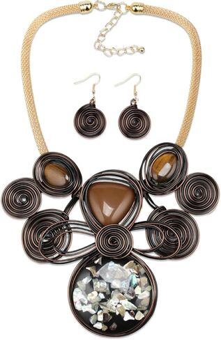 Colorful Bead Crystal Pendant Necklace Earrings Set for Women Big Chunky African Statement Vintage Ethnic Flower Bohemian Female Rhinestone Tribal Jewelry Set in Kuwait