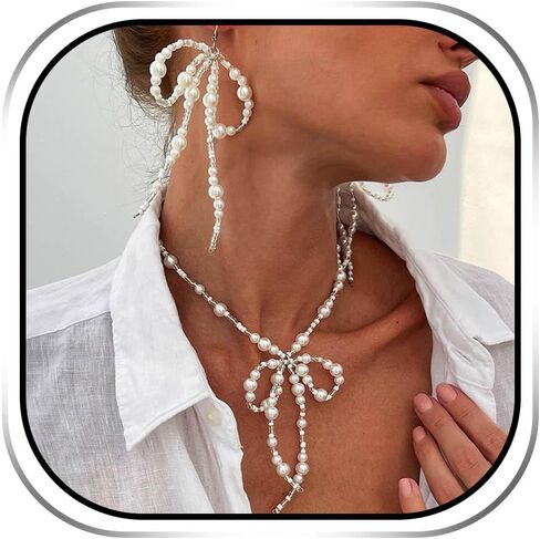 JAKAWIN Bow Earrings and Necklace Set White Pearl Jewelry Set for Women in Kuwait