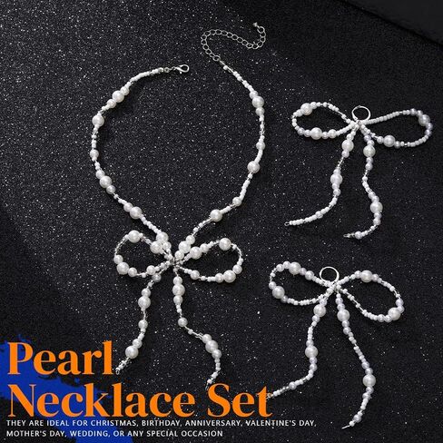 JAKAWIN Bow Earrings and Necklace Set White Pearl Jewelry Set for Women in Kuwait
