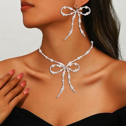 JAKAWIN Bow Earrings and Necklace Set White Pearl Jewelry Set for Women in Kuwait