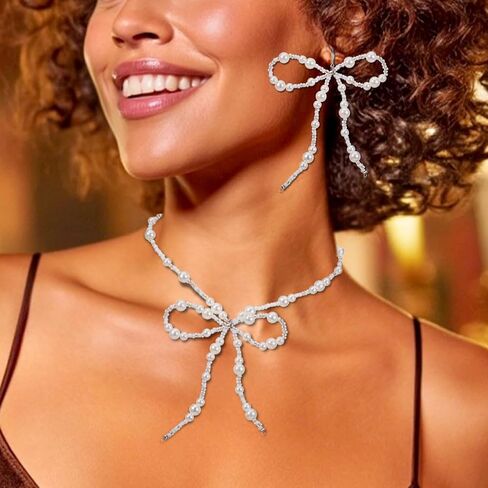 JAKAWIN Bow Earrings and Necklace Set White Pearl Jewelry Set for Women in Kuwait