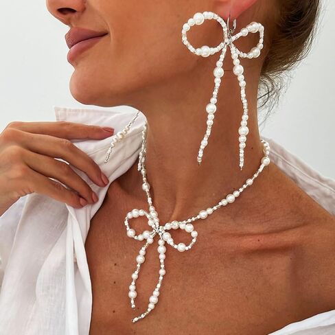 JAKAWIN Bow Earrings and Necklace Set White Pearl Jewelry Set for Women in Kuwait