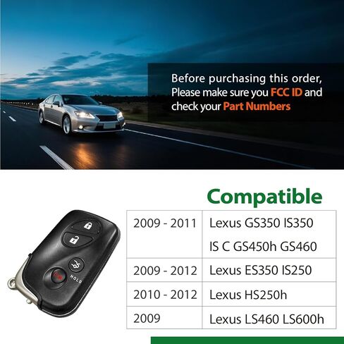 2 بديل بدون مفتاح لـ 2009 2010 2011 2012 2013 Smart Proximity Lexus ES350 GS350 GS460 IS250 IS350 LS460 LS600h GNE 271451-3370 مفتاح اللوحة Fob HYQ14AAB 315MHz 4 أزرار in Saudi Arabia