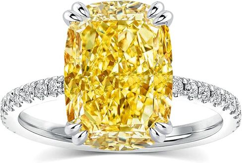 Yellow Stone Ring Cushion Cut 4.5 Carat Cubic Zirconia, 18K White Gold Plated Sterling Silver Engagement Ring for Women, 5A CZ Pavé Band Promise Ring in Kuwait