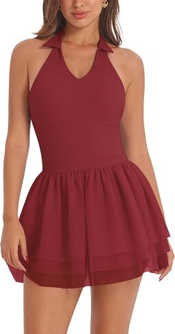 ABOCIW Women's Tennis Dress Halter Backless Athletic Dress Built in Bra& Shorts Layer Mesh Hem Workout Golf Dress in Saudi Arabia