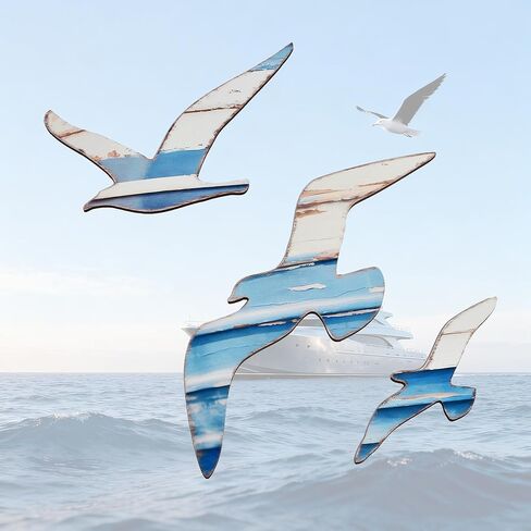 مجموعة ديكور فني للحائط من OQUQO مكونة من 3 قطع من طيور النورس الخشبية، طيور ساحلية ريفية مع خطافات معدنية، ديكور معلق على شكل حمام الشاطئ والمحيط (GradientSeagull) in Kuwait