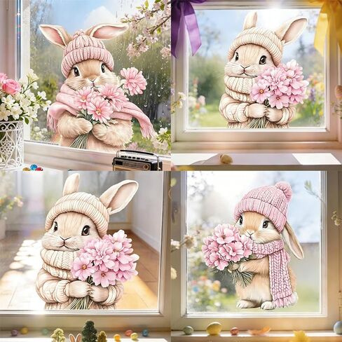 Easter Bunny Window Clings Set of 3 Spring Pink Floral Rabbit Static Window Stickers Reusable PVC Window Decals for Easter Home Decor Spring Window Decorations for Glass Windows Doors and Mirrors in Saudi Arabia