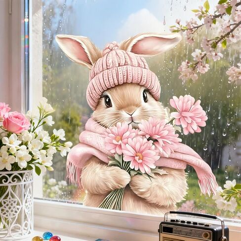Easter Bunny Window Clings Set of 3 Spring Pink Floral Rabbit Static Window Stickers Reusable PVC Window Decals for Easter Home Decor Spring Window Decorations for Glass Windows Doors and Mirrors in Saudi Arabia