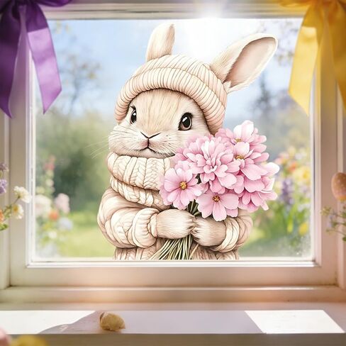 Easter Bunny Window Clings Set of 3 Spring Pink Floral Rabbit Static Window Stickers Reusable PVC Window Decals for Easter Home Decor Spring Window Decorations for Glass Windows Doors and Mirrors in Saudi Arabia