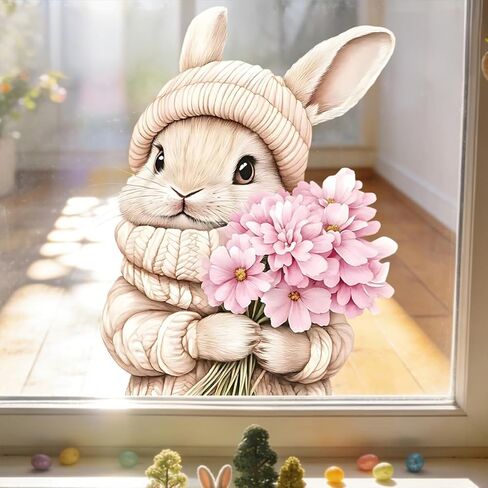 Easter Bunny Window Clings Set of 3 Spring Pink Floral Rabbit Static Window Stickers Reusable PVC Window Decals for Easter Home Decor Spring Window Decorations for Glass Windows Doors and Mirrors in Saudi Arabia