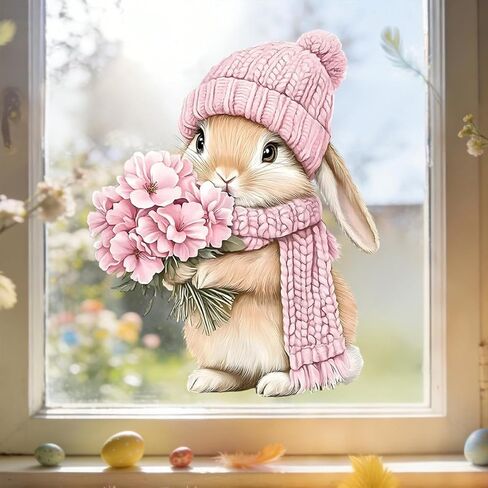 Easter Bunny Window Clings Set of 3 Spring Pink Floral Rabbit Static Window Stickers Reusable PVC Window Decals for Easter Home Decor Spring Window Decorations for Glass Windows Doors and Mirrors in Saudi Arabia