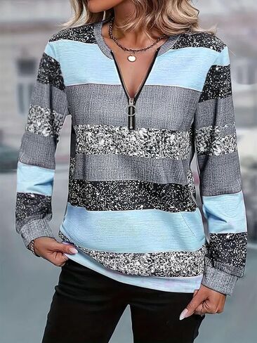 Womens Tops Long Sleeve Shirts Casual Striped Sweater with Zipper Clothes Trendy 2026 in Saudi Arabia
