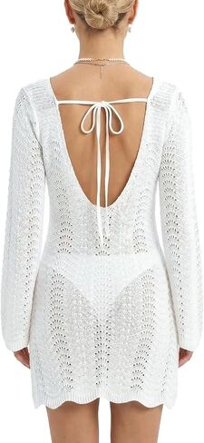 CUPSHE Crochet Swimsuit Coverup for Women Long Sleeve Open Back Hollow Out Mini Beach Cover Up Dresses in Saudi Arabia