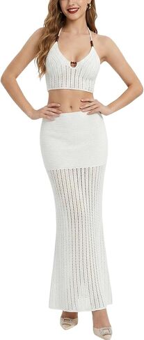 Women's Sexy Semi Sheer Mesh Faux Pearl Push Up Bustier Top and Ruched Maxi Skirt Set in Kuwait