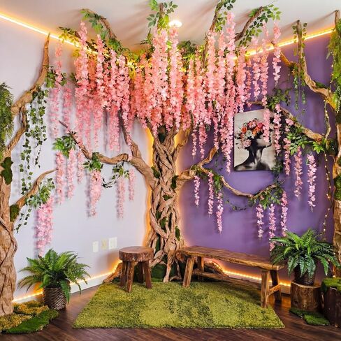 XunYee 3D Wisteria Tree for Classroom Room Wall Decor Bulletin Board Decorations DIY Cardboard Paper Tree Artificial Hanging Flower Garland with Fake Green Vine Kraft Paper Tape(White) in Saudi Arabia