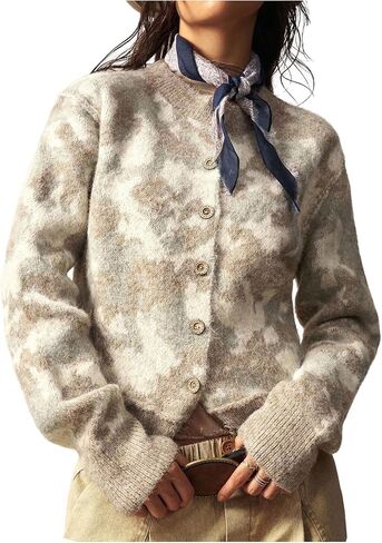 Women's Vintage Western Cardigan Fuzzy Cowgirl Boho Long Sleeve Crew Neck Button Down Sweater Knitwear in Saudi Arabia