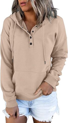 Betadog Womens 2025 Hoodies Button Collar Drawstring Hooded Pullover Sweatshirt Casual Long Sleeve Tops Shirts in Saudi Arabia