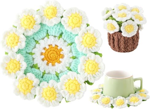 Flower Crochet Coasters, Handmade Bouquet Blanket Coaster with Crochet Plant Pot Fun Soft Decorative Drink Coasters for Coffee Tabletop Protection and Home Decor (Pink, 1Pc) in Kuwait