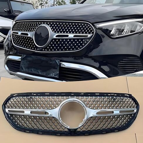 STSEV01 Front Bumper Grill Upper Grille Compatible with Mercedes Benz GLC Class X254 2023 2024 2025 GLC300/ GLC350e, Silver Chrome Diamond Style Replacement Grid Accessories in Kuwait