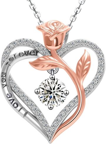 S925 Sterling Silver Necklace for Women, Rose Heart Pendant 18K Gold Plated, 1CT Moissanite, Gift for Wife Mom Daughter, Valentine's Day Anniversary Engraved in Saudi Arabia