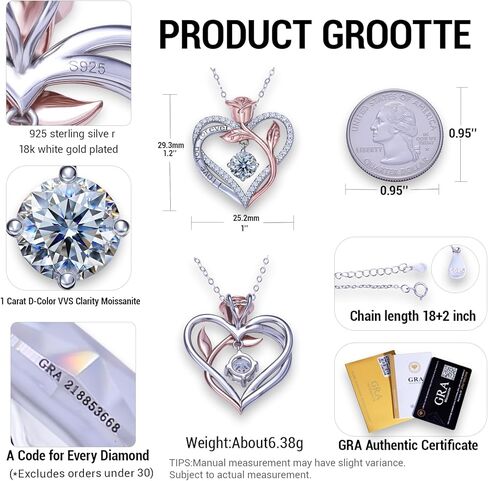 S925 Sterling Silver Necklace for Women, Rose Heart Pendant 18K Gold Plated, 1CT Moissanite, Gift for Wife Mom Daughter, Valentine's Day Anniversary Engraved in Saudi Arabia
