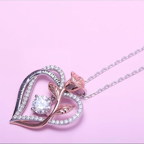 S925 Sterling Silver Necklace for Women, Rose Heart Pendant 18K Gold Plated, 1CT Moissanite, Gift for Wife Mom Daughter, Valentine's Day Anniversary Engraved in Saudi Arabia