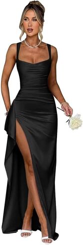 Satin Ruffle Bridesmaid Dresses Long for Women Pleated Spaghetti Straps Formal Prom Dress with Slit in Saudi Arabia