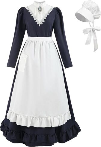 FCCAM Pioneer Prairie Dress Women Navy Blue Colonial Costume with Pocket 1800s American Historical Dress in Kuwait