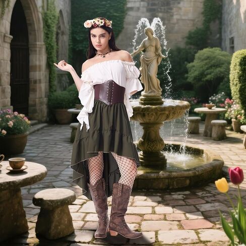 Renaissance Dress Women Medieval Costume Ren Faire Outfit with Flower Crown Necklace Corset Belt for Halloween Cosplay in Kuwait