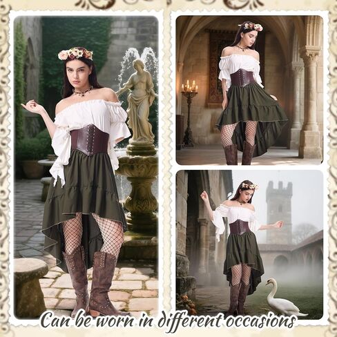 Renaissance Dress Women Medieval Costume Ren Faire Outfit with Flower Crown Necklace Corset Belt for Halloween Cosplay in Kuwait