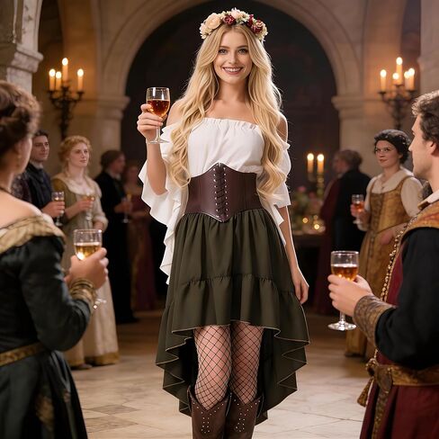 Renaissance Dress Women Medieval Costume Ren Faire Outfit with Flower Crown Necklace Corset Belt for Halloween Cosplay in Kuwait