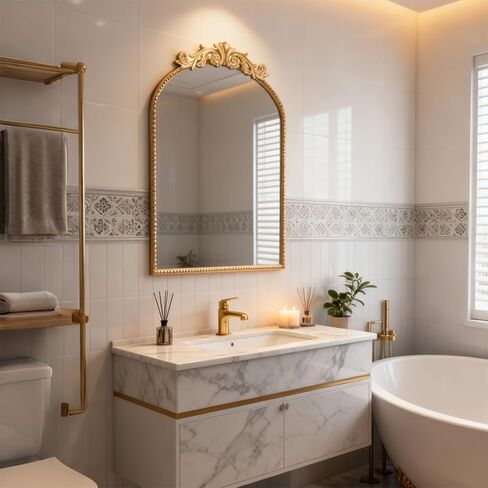 مرآة حائط مقوسة عتيقة، مرآة بإطار معدني متعثر مع سطح زخرفي منحوت منقوش للحمام وغرفة المعيشة وغرفة النوم، لمسة نهائية ذهبية عتيقة (26 × 18 بوصة) in Kuwait