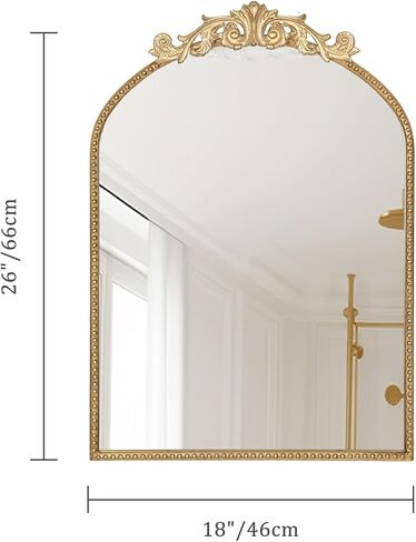 مرآة حائط مقوسة عتيقة، مرآة بإطار معدني متعثر مع سطح زخرفي منحوت منقوش للحمام وغرفة المعيشة وغرفة النوم، لمسة نهائية ذهبية عتيقة (26 × 18 بوصة) in Kuwait