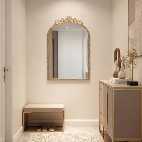 مرآة حائط مقوسة عتيقة، مرآة بإطار معدني متعثر مع سطح زخرفي منحوت منقوش للحمام وغرفة المعيشة وغرفة النوم، لمسة نهائية ذهبية عتيقة (26 × 18 بوصة) in Kuwait