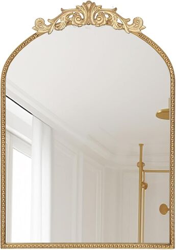 مرآة حائط مقوسة عتيقة، مرآة بإطار معدني متعثر مع سطح زخرفي منحوت منقوش للحمام وغرفة المعيشة وغرفة النوم، لمسة نهائية ذهبية عتيقة (26 × 18 بوصة) in Kuwait