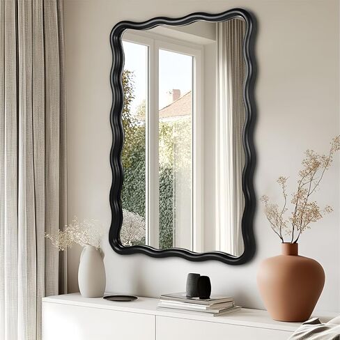 Wavy Rectangular Bathroom Mirror with Scalloped Metal Frame - White Decorative Mirror Modern Farmhouse Mirror for Vanity, Living Room, Entryway, or Hallway (White) in Saudi Arabia