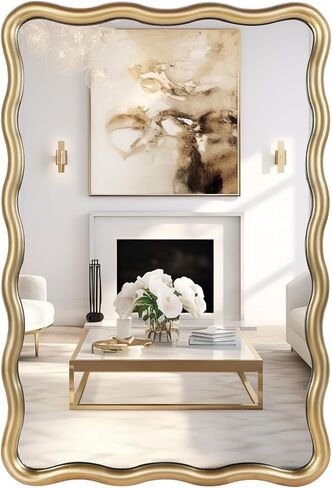 Wavy Rectangular Bathroom Mirror with Scalloped Metal Frame - White Decorative Mirror Modern Farmhouse Mirror for Vanity, Living Room, Entryway, or Hallway (White) in Saudi Arabia