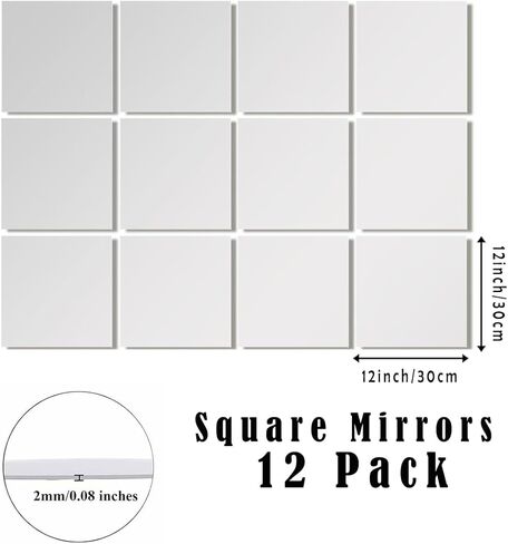 بلاط مرآة أكريليك مقاس 12 بوصة × 12 بوصة، 12 قطعة من المرايا المربعة من الأكريليك ذاتية اللصق للصالة الرياضية، أوراق بلاط مرآة كاملة الطول بدون إطار لتزيين الحائط وغرفة المعيشة وغرفة النوم (سمك 2 مم) in Kuwait