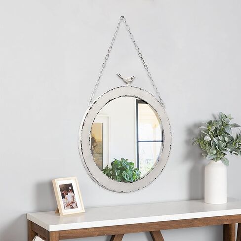 Vintage Large Round Mirrors for Wall Decor 19 Inch, Rustic Distressed White Hanging Mirror with Bird and Iron Chain, Farmhouse Metal Circle Wall Mirrors Decorative for Living Room Entryway in Saudi Arabia