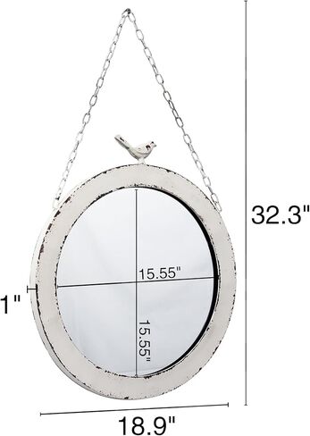Vintage Large Round Mirrors for Wall Decor 19 Inch, Rustic Distressed White Hanging Mirror with Bird and Iron Chain, Farmhouse Metal Circle Wall Mirrors Decorative for Living Room Entryway in Saudi Arabia