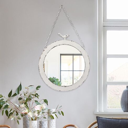 Vintage Large Round Mirrors for Wall Decor 19 Inch, Rustic Distressed White Hanging Mirror with Bird and Iron Chain, Farmhouse Metal Circle Wall Mirrors Decorative for Living Room Entryway in Saudi Arabia
