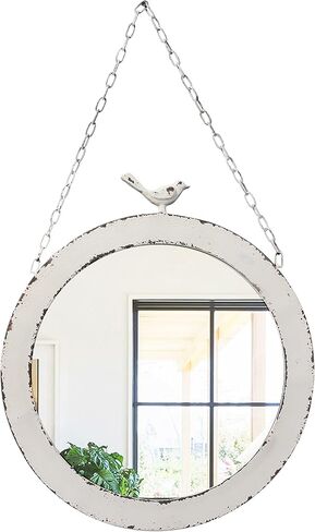 Vintage Large Round Mirrors for Wall Decor 19 Inch, Rustic Distressed White Hanging Mirror with Bird and Iron Chain, Farmhouse Metal Circle Wall Mirrors Decorative for Living Room Entryway in Saudi Arabia