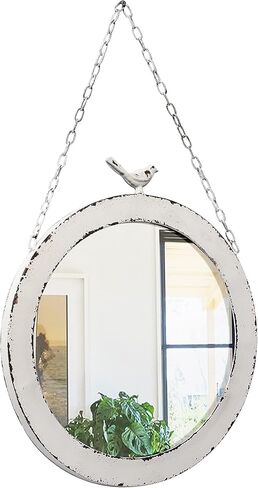 Vintage Large Round Mirrors for Wall Decor 19 Inch, Rustic Distressed White Hanging Mirror with Bird and Iron Chain, Farmhouse Metal Circle Wall Mirrors Decorative for Living Room Entryway in Saudi Arabia