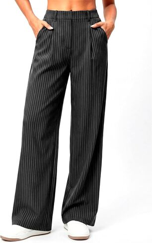 Women's High Waisted Pinstripe Wide Leg Pants, Flowy & Stretchy Dress Pants, Casual Work Trousers with Pockets in Kuwait