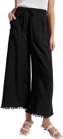 Womens Causal Wide Leg Pants Drawstring Elastic Waist Frayed Hem Flowy Palazzo Beach Pants Trousers with Pockets in Saudi Arabia
